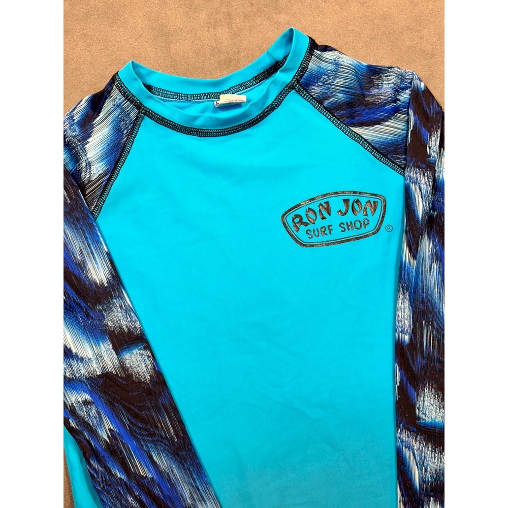 Kids Ron Jon Surf Shop Long Sleeve Rash Guard Swim Shirt Aqua Blue Print Size 12